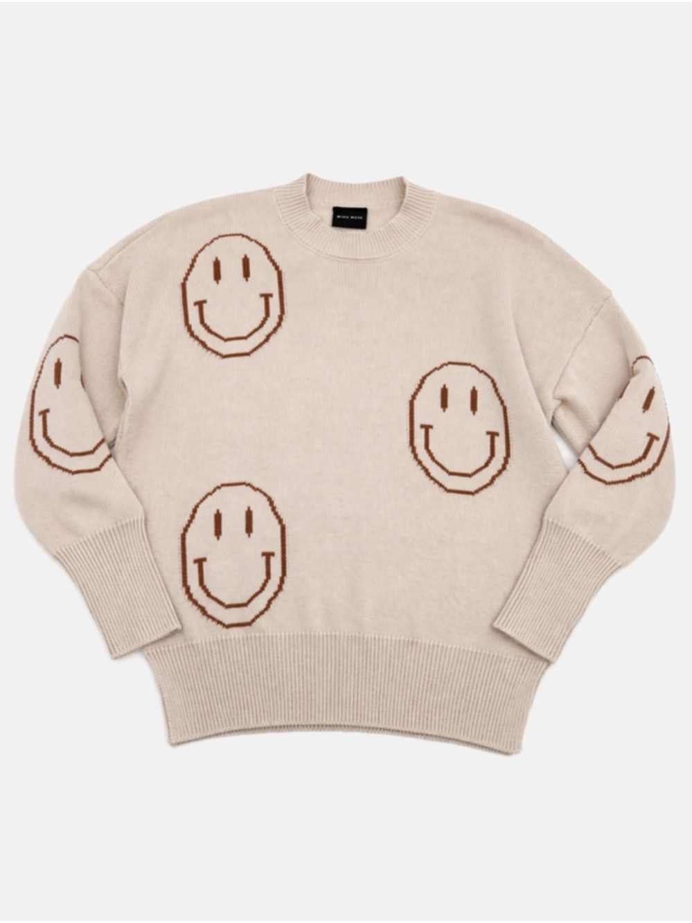 Miou Muse Smiley Face Sweater Cream/Tan Oversized Knit Pullover Small